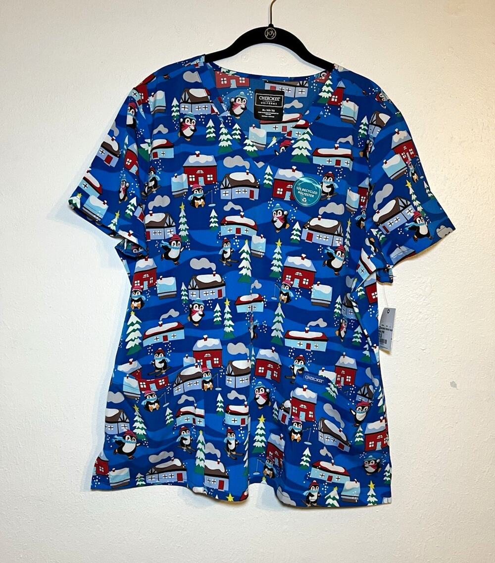 Cherokee CK856 Unisex Scrub Top Size XL Blue Penguin Winter Print Seasonal